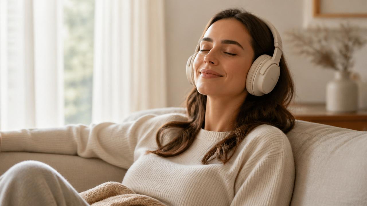 A person relaxing with headphones, listening to a book
